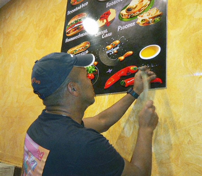 Nelson colocando un vinilo en una pared